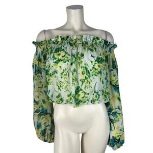 Rococo Sand Silk Off Shoulder Top Size M Floral Print Long Sleeve Green White
